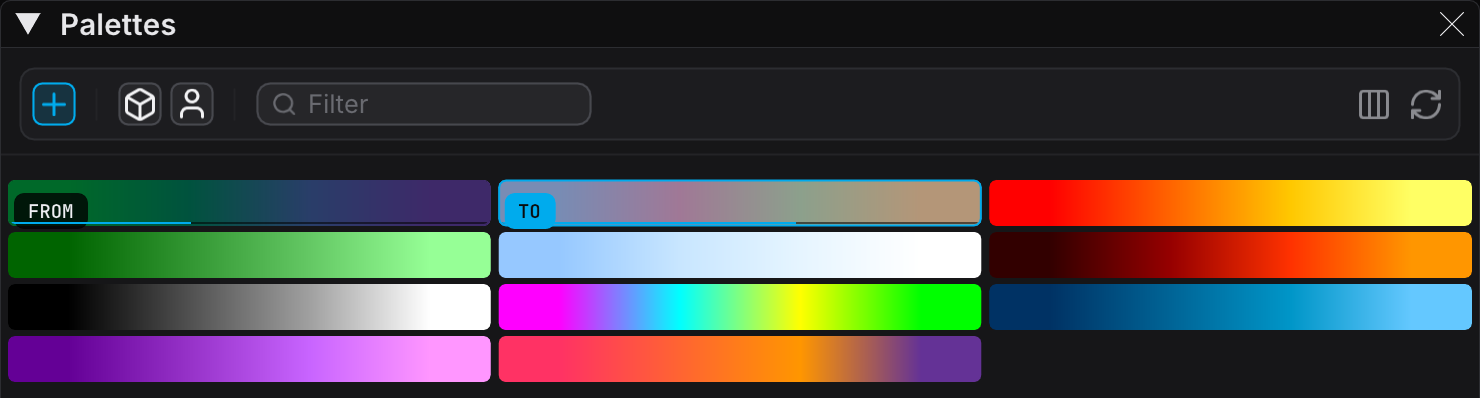 The Palettes panel during a crossfade, with a dimmed FROM tile and a TO tile, and a progress meter along the bottom edge of each