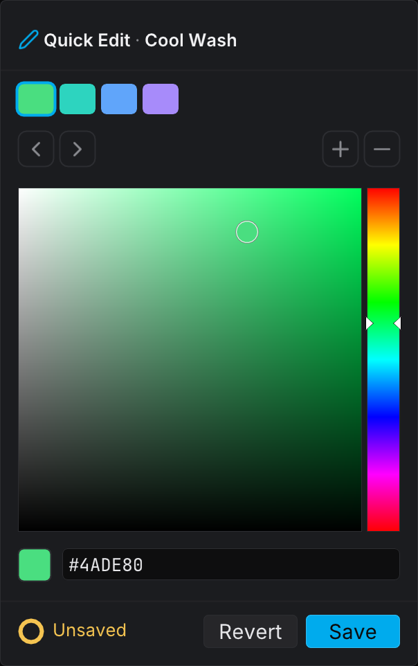 The Quick Edit popover over the palette library, with the swatch strip, the color picker, and the hex field