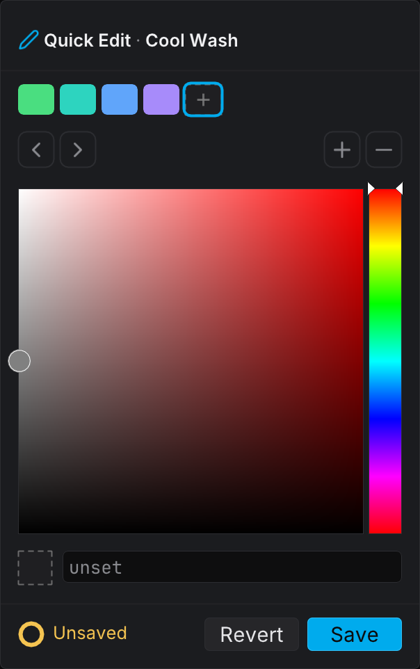 The Quick Edit popover with a dashed empty slot at the end of the swatch strip, ready for a color