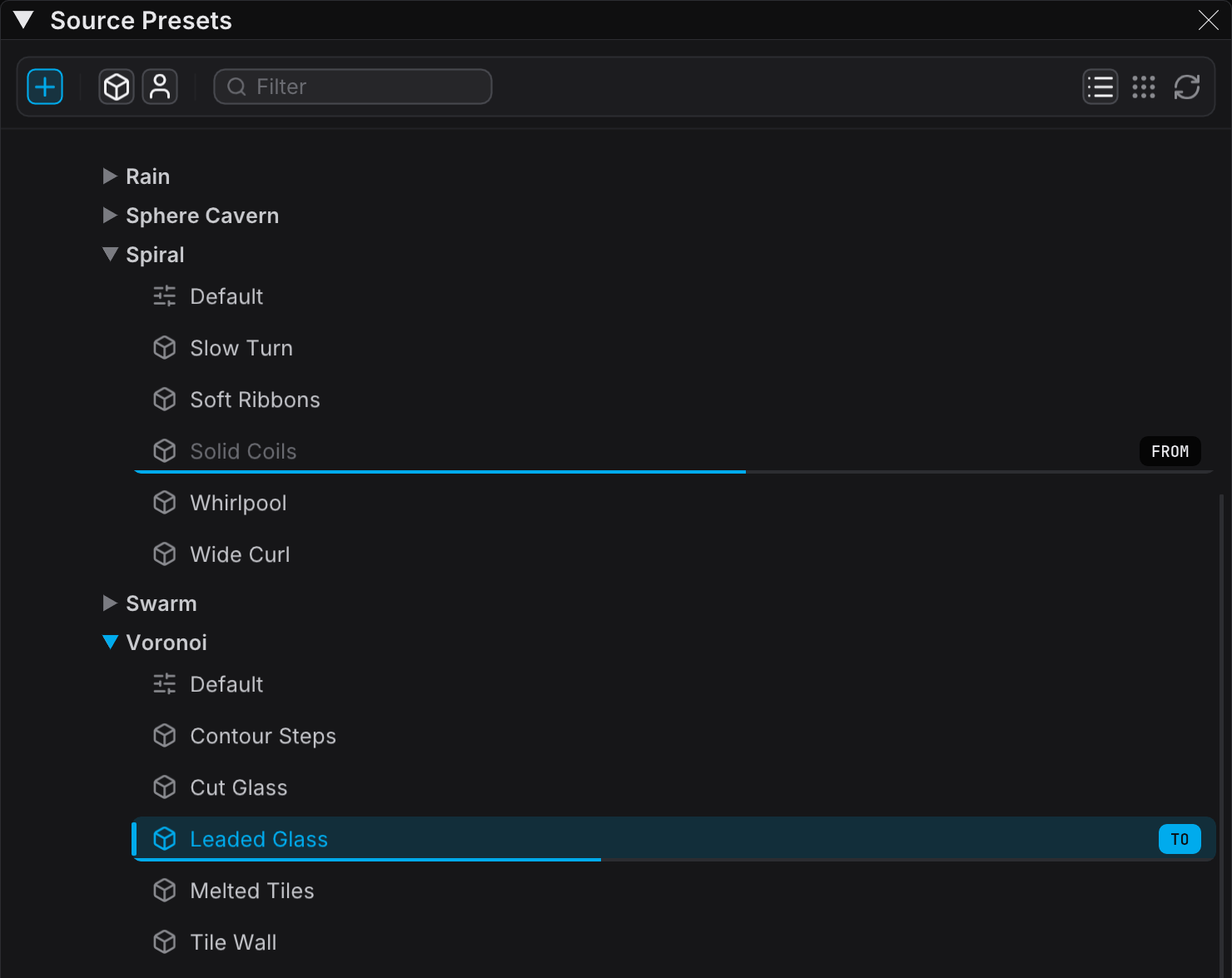 Source Presets panel during a cue fade, with the outgoing preset tagged FROM and the incoming preset tagged TO