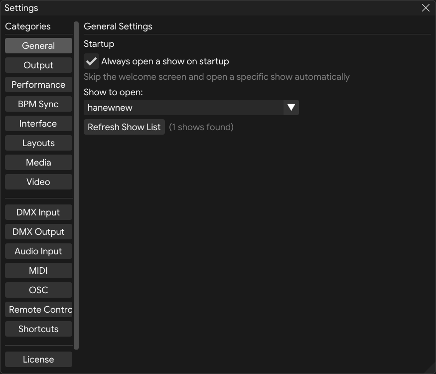 The FXCanvas Settings window with its tab sidebar