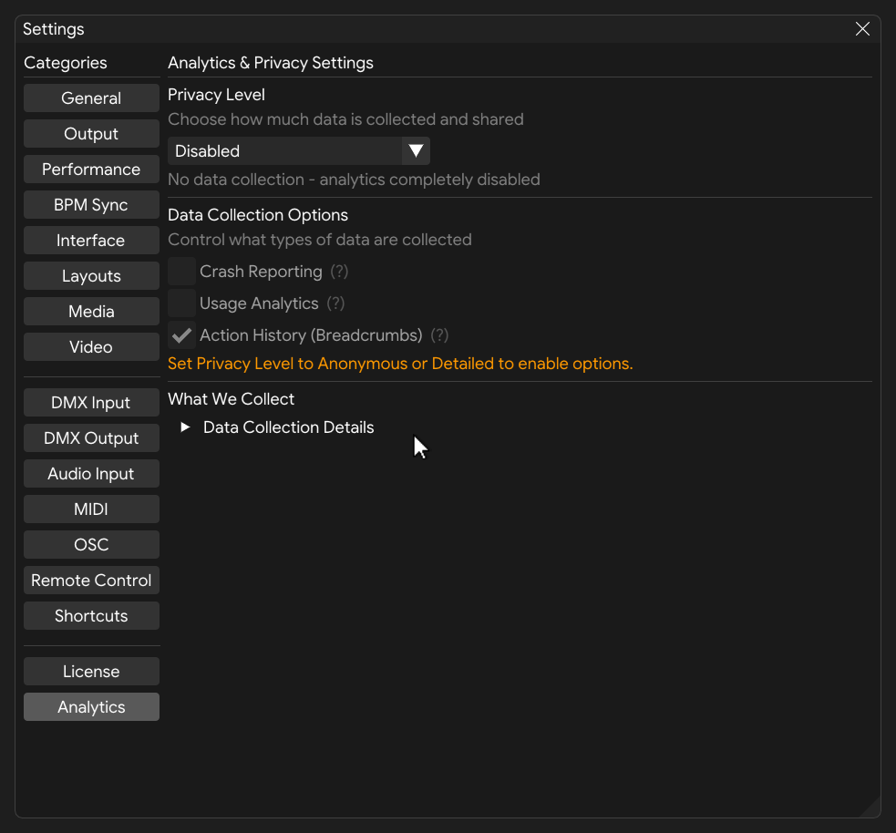Analytics & Privacy settings showing privacy level and data collection options