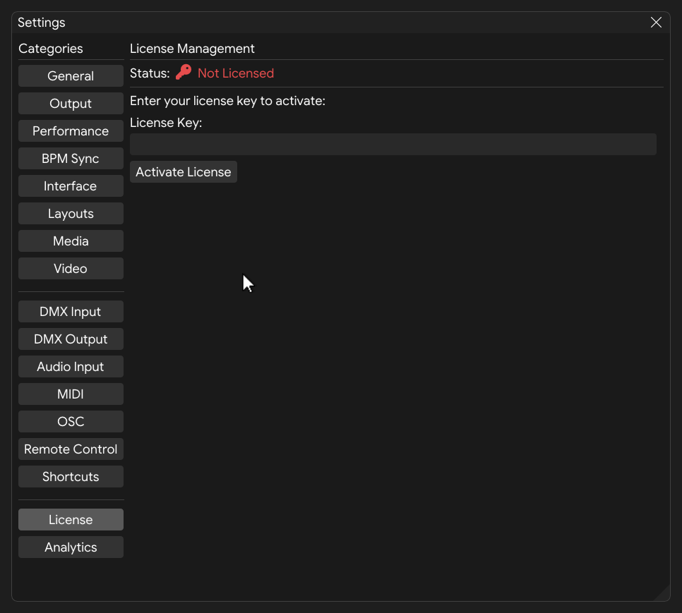 License settings tab showing activation status and machine count