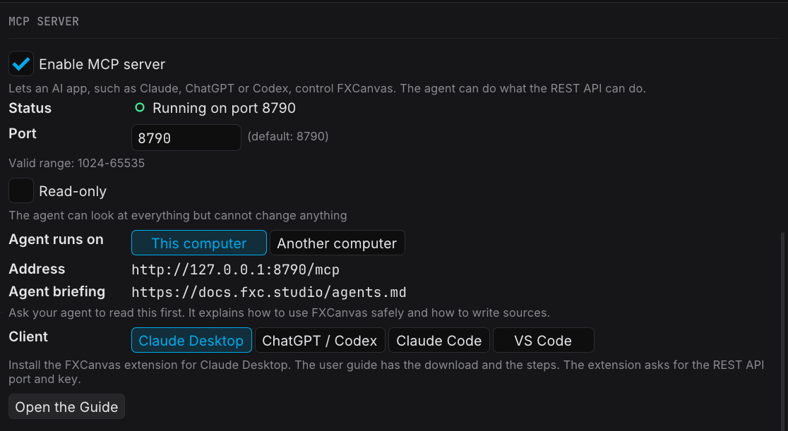 The MCP Server section of Settings, Remote Control, with the server running and Claude Desktop selected