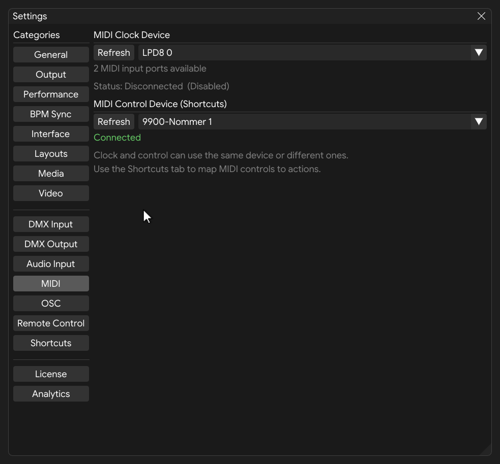 MIDI settings showing control device selection