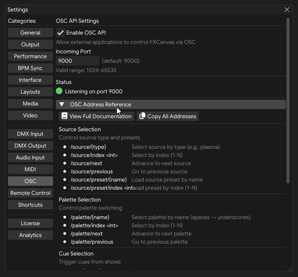 OSC settings showing port configuration and address reference