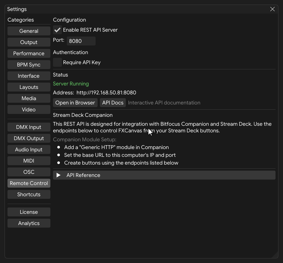 Remote Control settings showing REST API server configuration