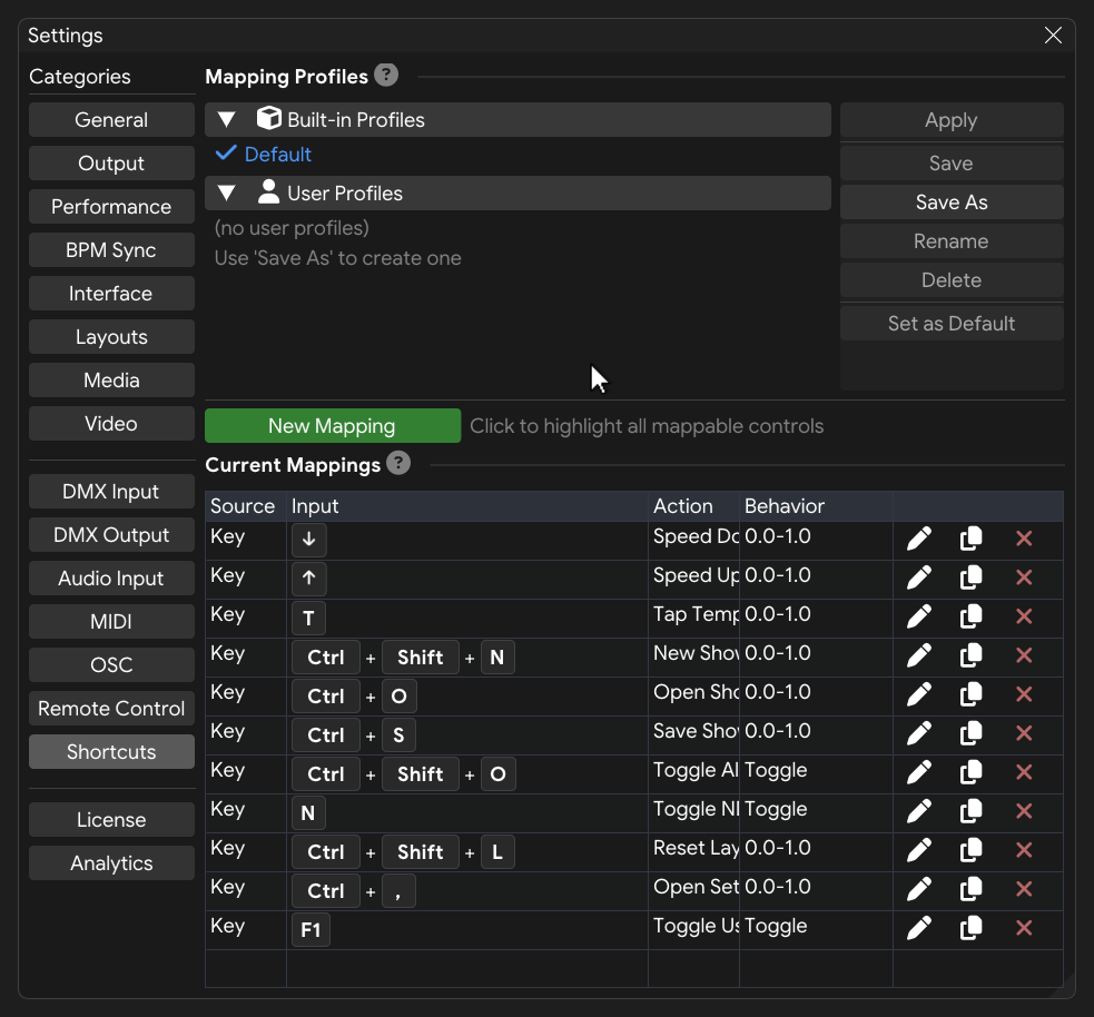 Shortcuts settings showing mapping profiles and current bindings
