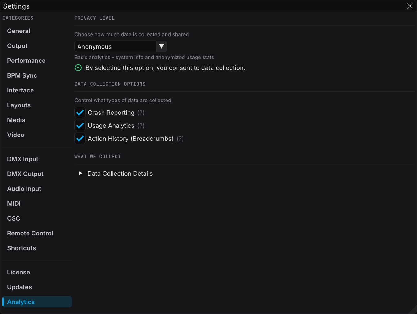 The Analytics category of Settings, with the Privacy Level dropdown and the three data collection checkboxes