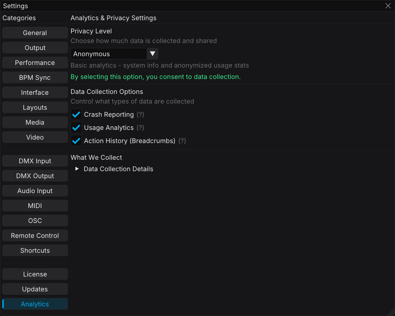 The Analytics category of Settings, with the Privacy Level dropdown and the three data collection checkboxes