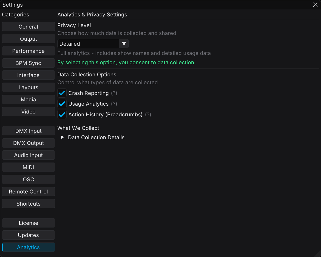 The Analytics category of Settings, with the Privacy Level dropdown and the three data collection checkboxes