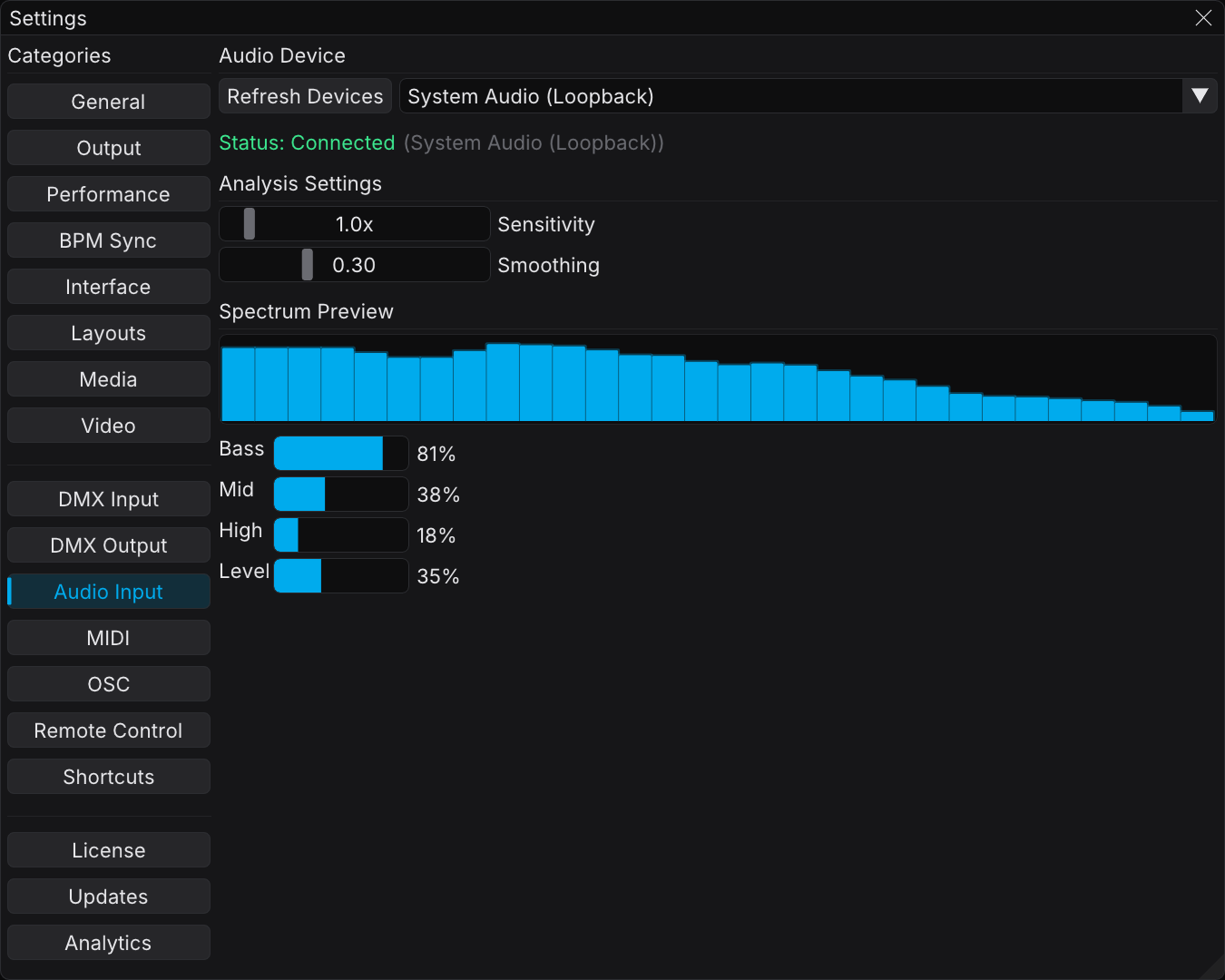 Settings window on the Audio Input tab, with the device dropdown, the connection status, the sensitivity and smoothing sliders, the spectrum preview, and the Bass, Mid, High, and Level meters