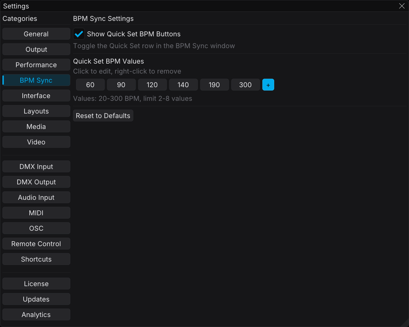 Settings window on the BPM Sync tab, with the Show Quick Set BPM Buttons toggle, the editable Quick Set values, and the Reset to Defaults button