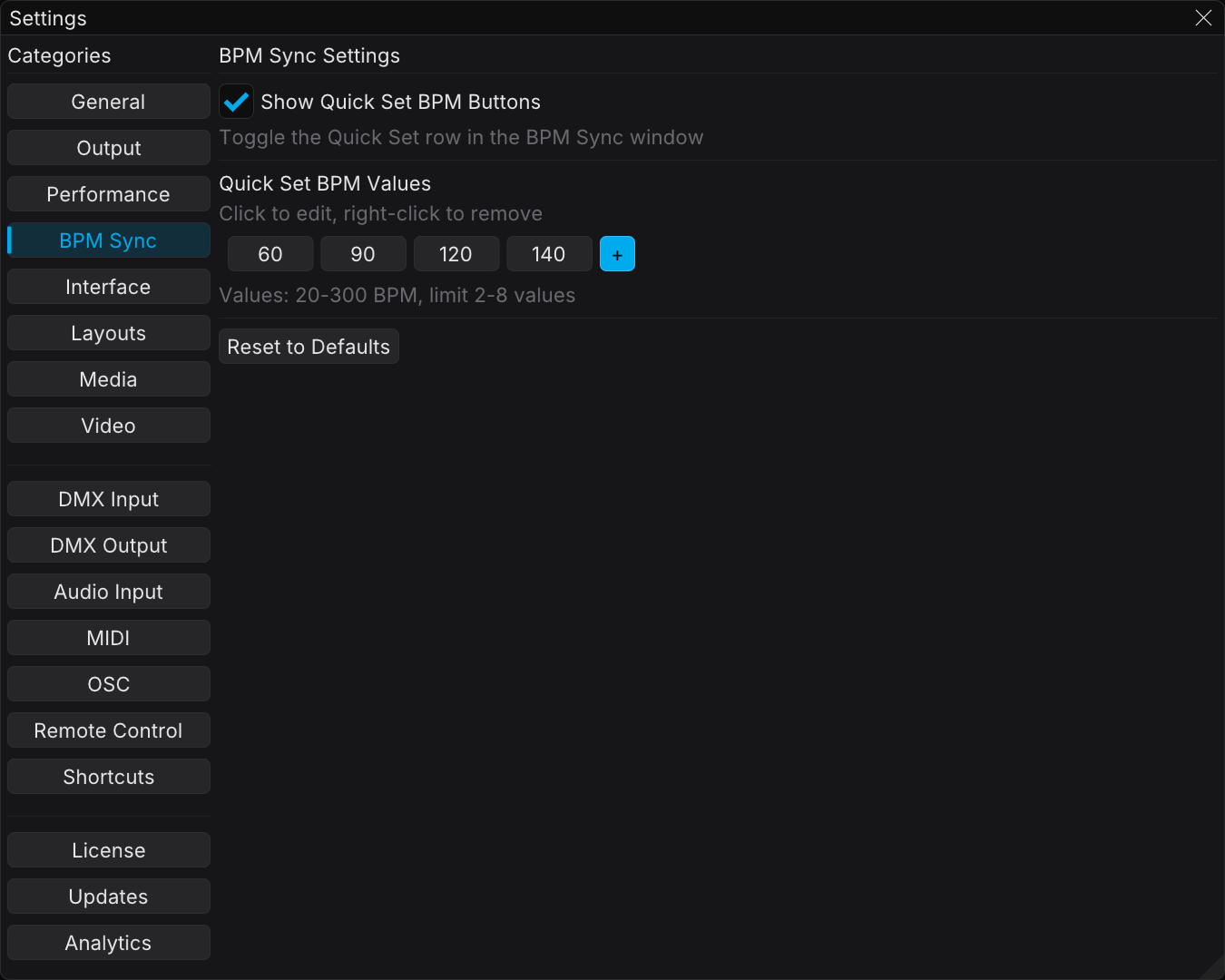 Settings window on the BPM Sync tab, with the Show Quick Set BPM Buttons toggle, the editable Quick Set values, and the Reset to Defaults button