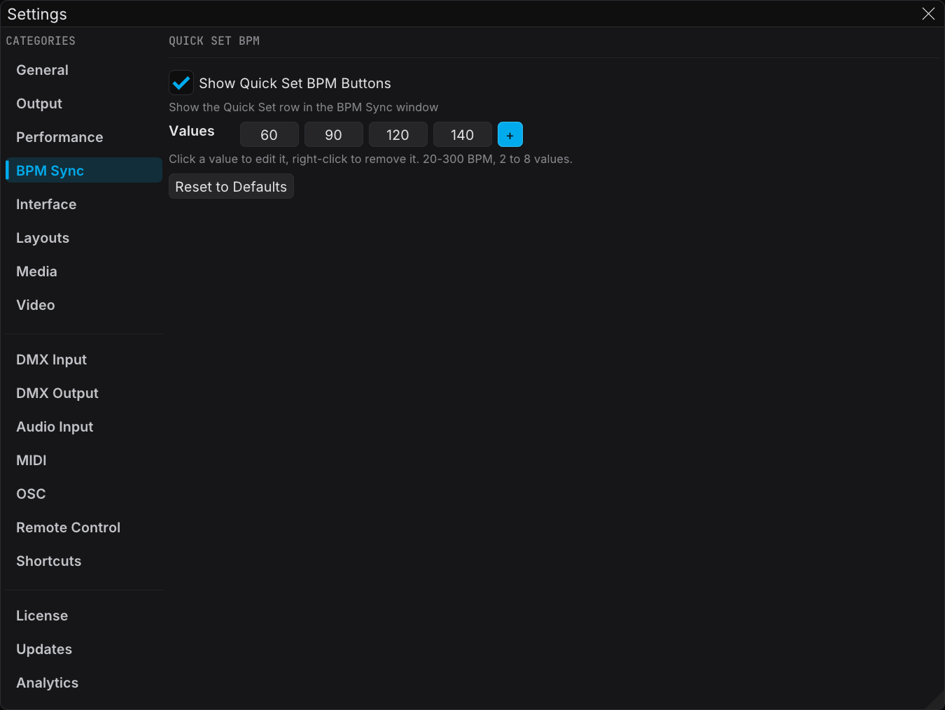 Settings window on the BPM Sync tab, with the Show Quick Set BPM Buttons toggle, the editable Quick Set values, and the Reset to Defaults button