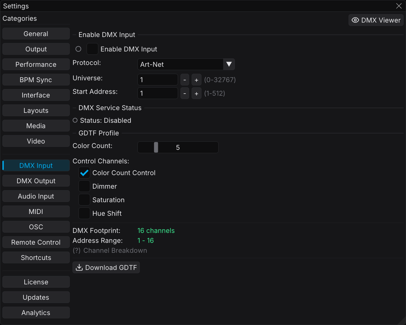 The DMX Input category of Settings, with the enable toggle, the service status, and the GDTF profile options