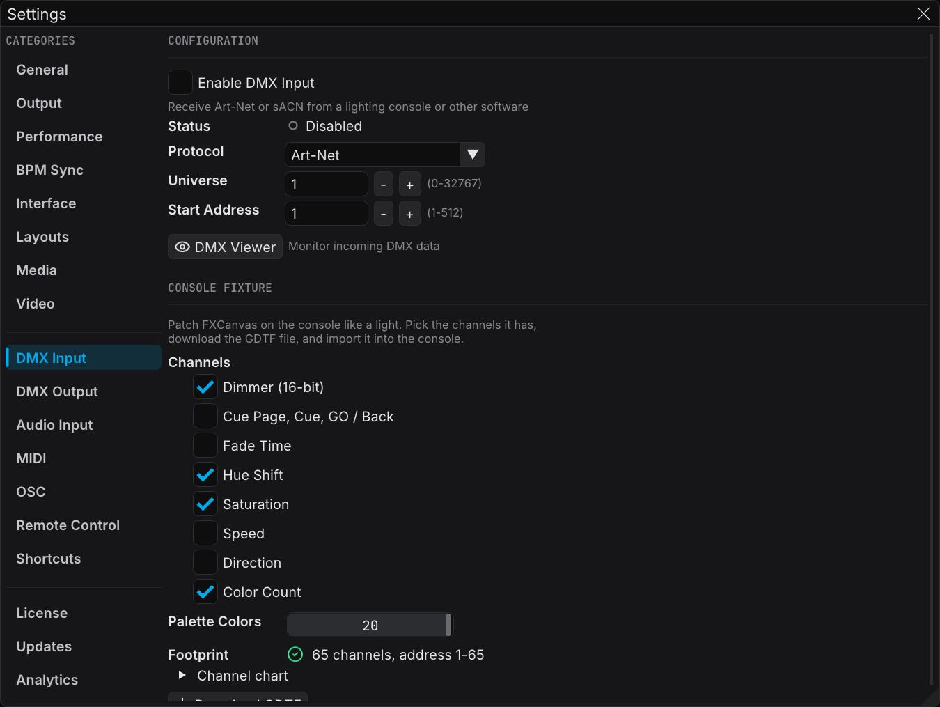 The DMX Input category of Settings, with the enable toggle, the service status, and the GDTF profile options