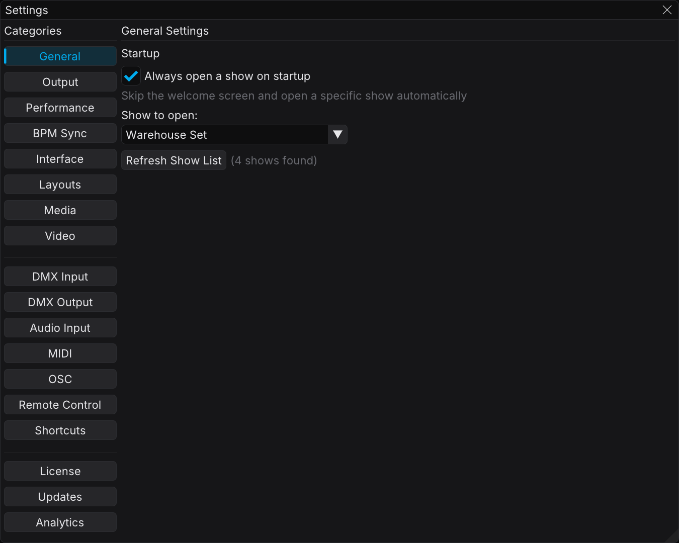The General category, with the startup show selector