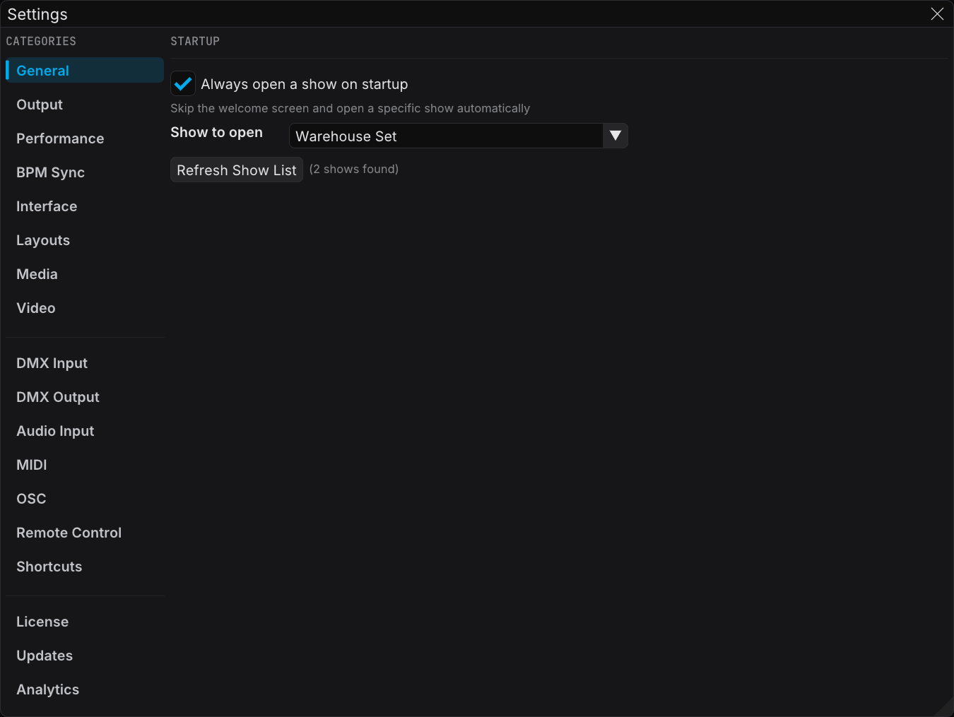 The General category, with the startup show selector