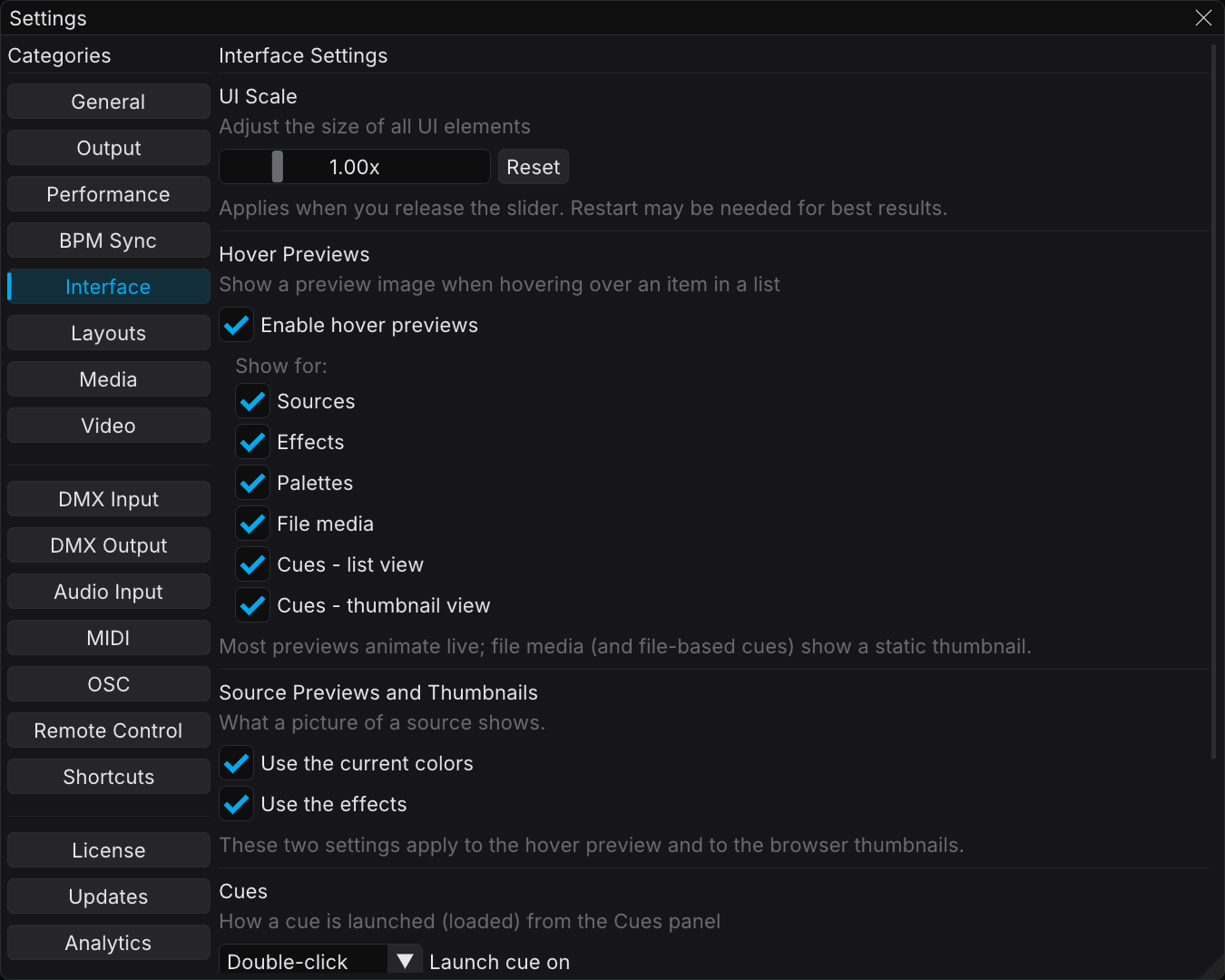 The Interface category, with UI scale and the hover preview toggles