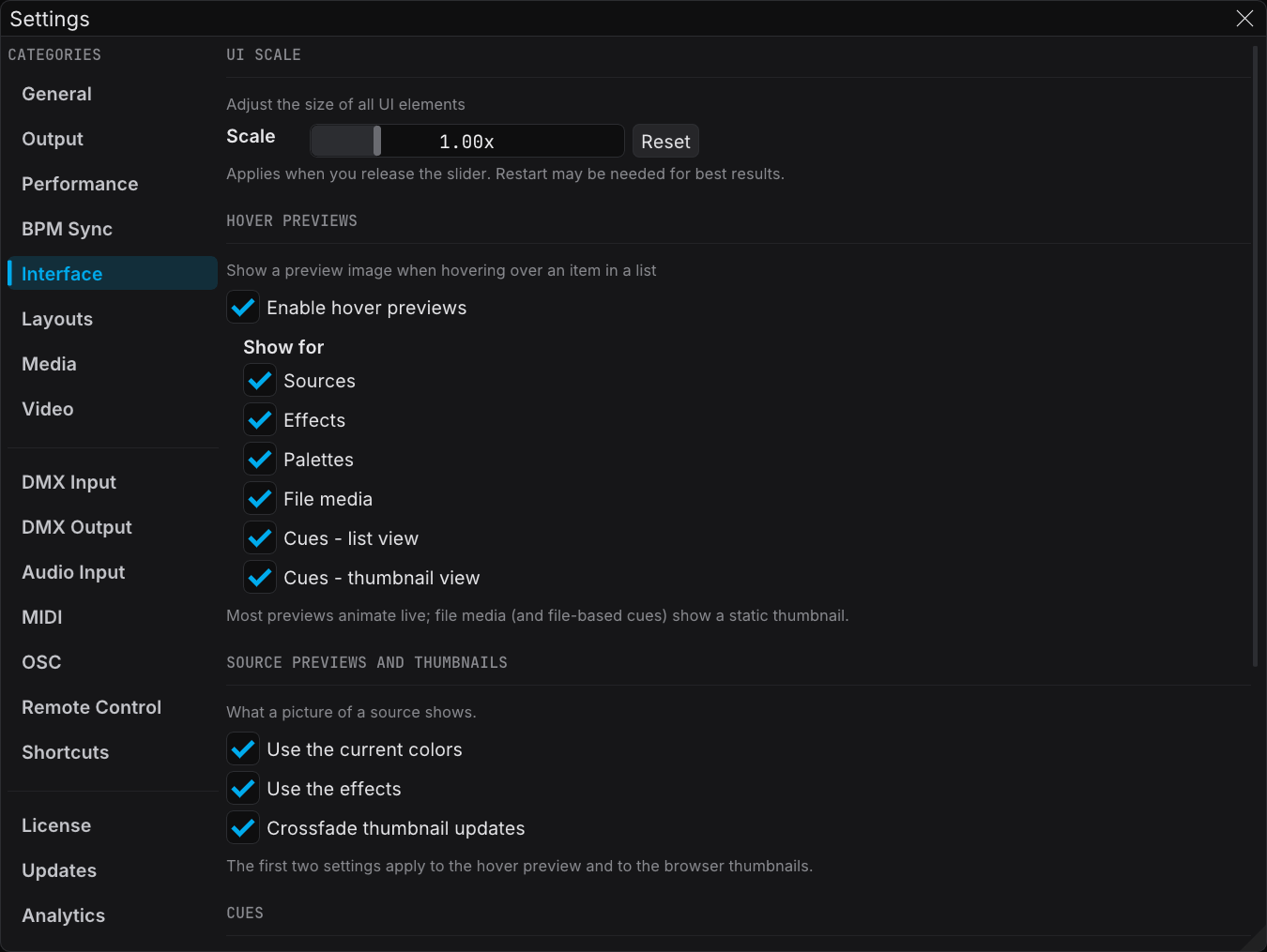 The Interface category, with UI scale and the hover preview toggles