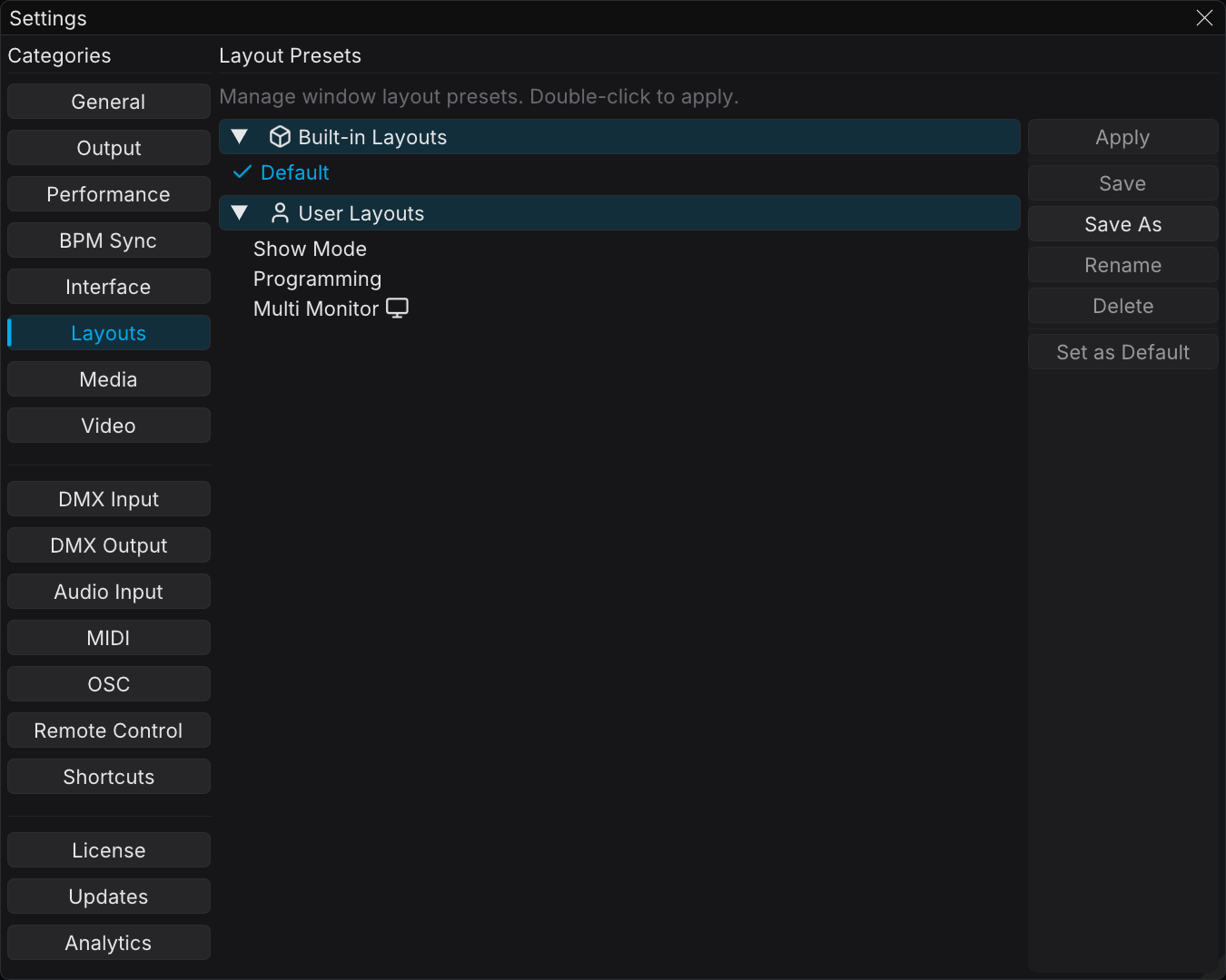 The Layouts category of Settings, with three user layouts in the list and the action buttons on the right. No layout is selected, so only Save As is active