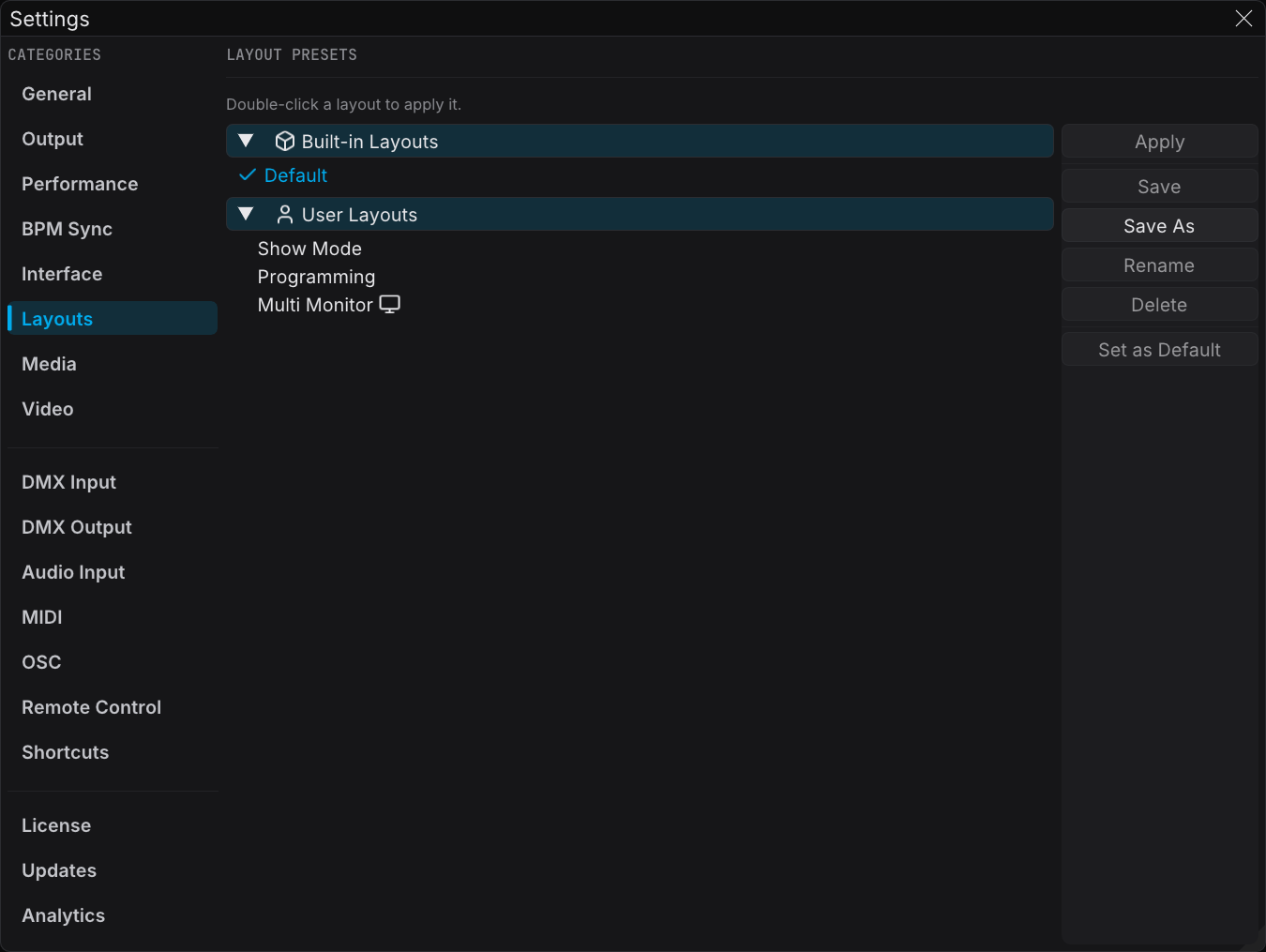 The Layouts category of Settings, with three user layouts in the list and the action buttons on the right. No layout is selected, so only Save As is active