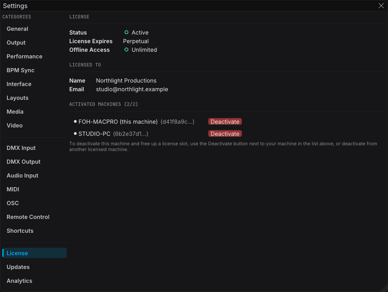 The License category of Settings, with the activation status and the machine count