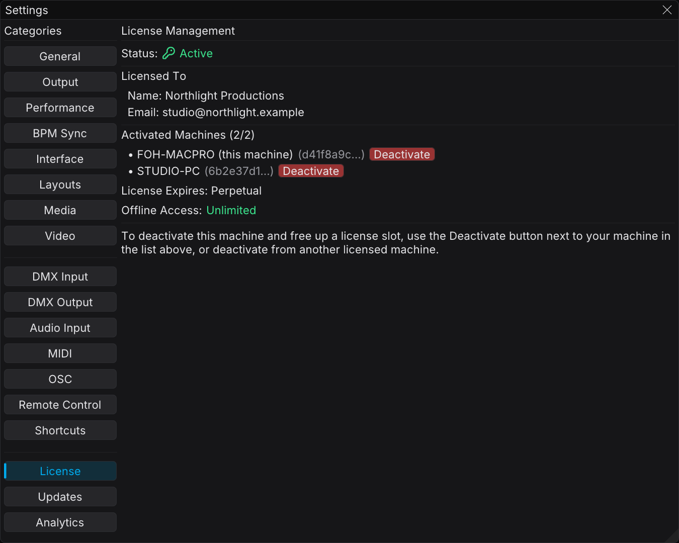 The License category of Settings, with the activation status and the machine count