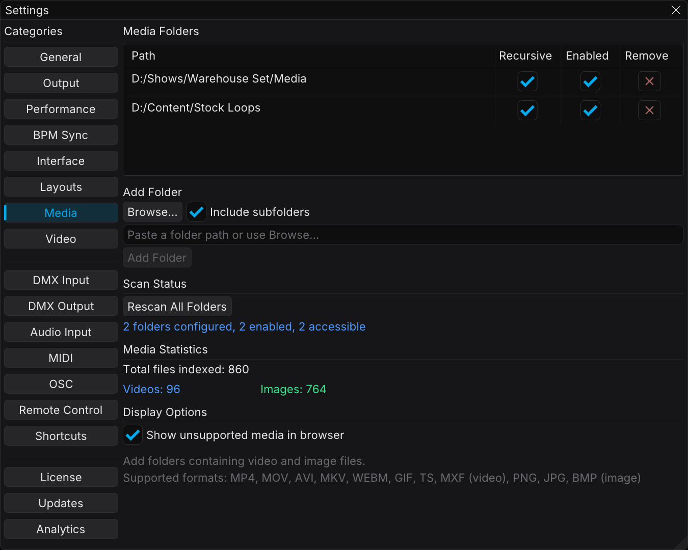 Media settings tab with the folder list and the scan status