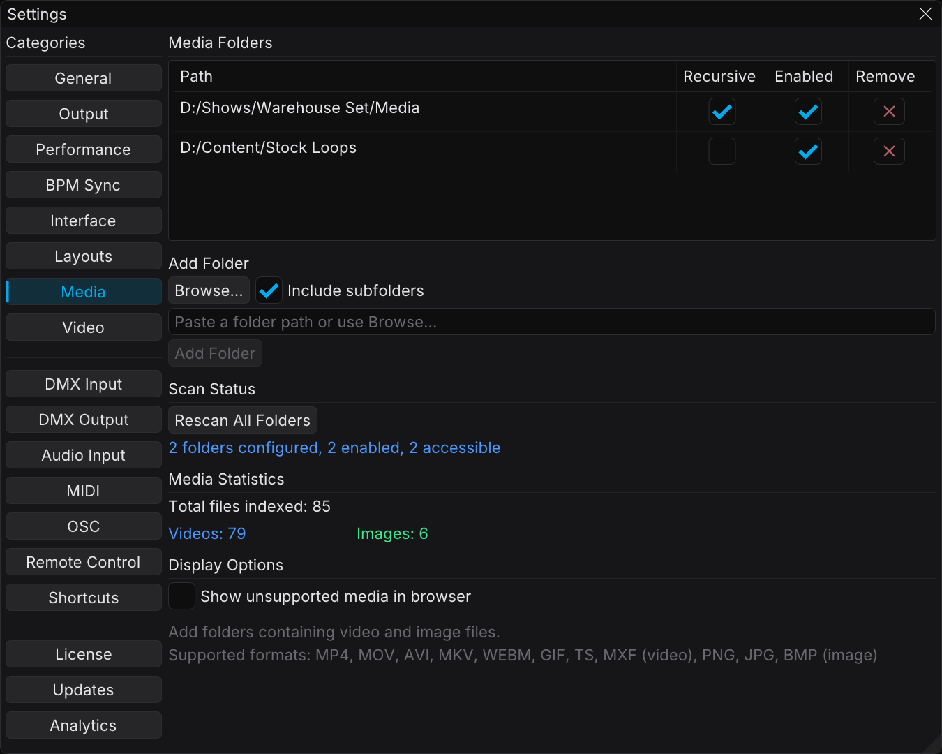 Media settings tab with the folder list and the scan status