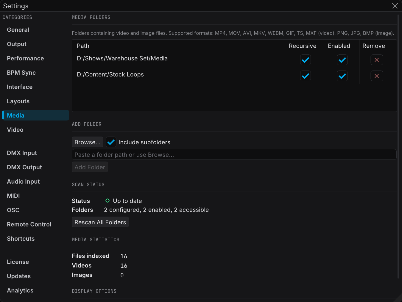 Media settings tab with the folder list and the scan status