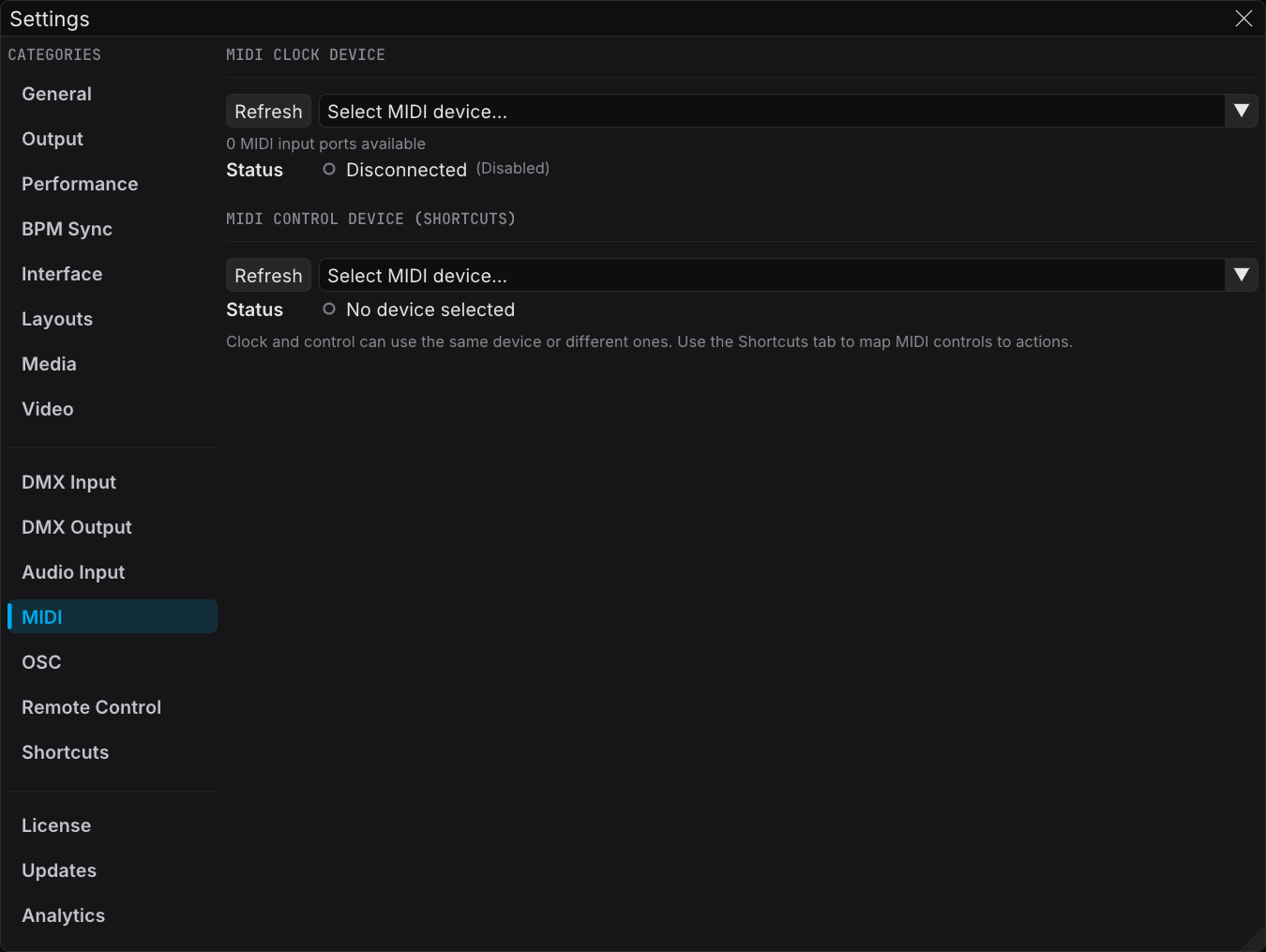 MIDI settings with the control device selection