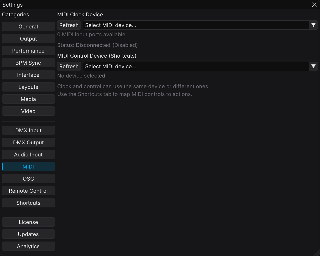The MIDI tab of Settings, with the clock device selector and the control device selector