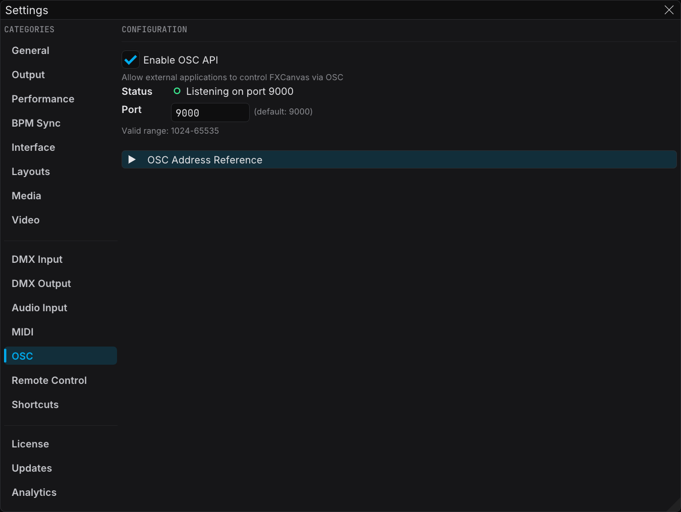 OSC settings with the port setting and the address reference