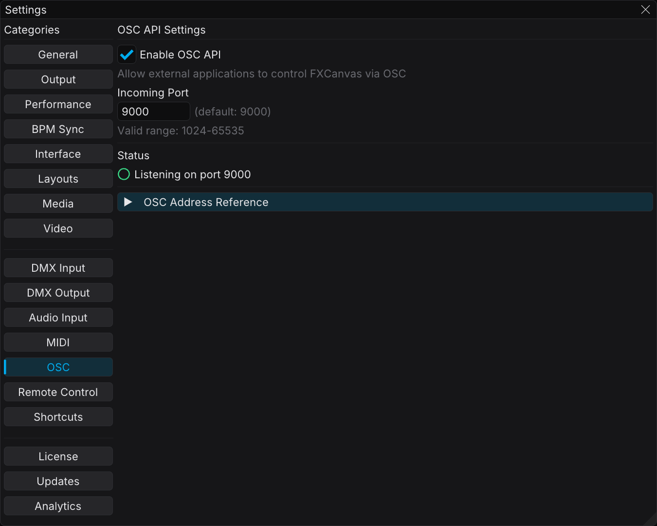 OSC settings with the port setting and the address reference