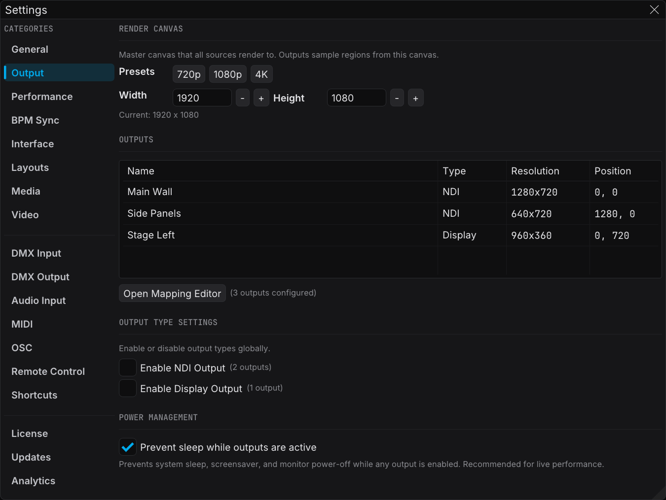 The Output category of Settings, with the per-type toggles and the sleep setting