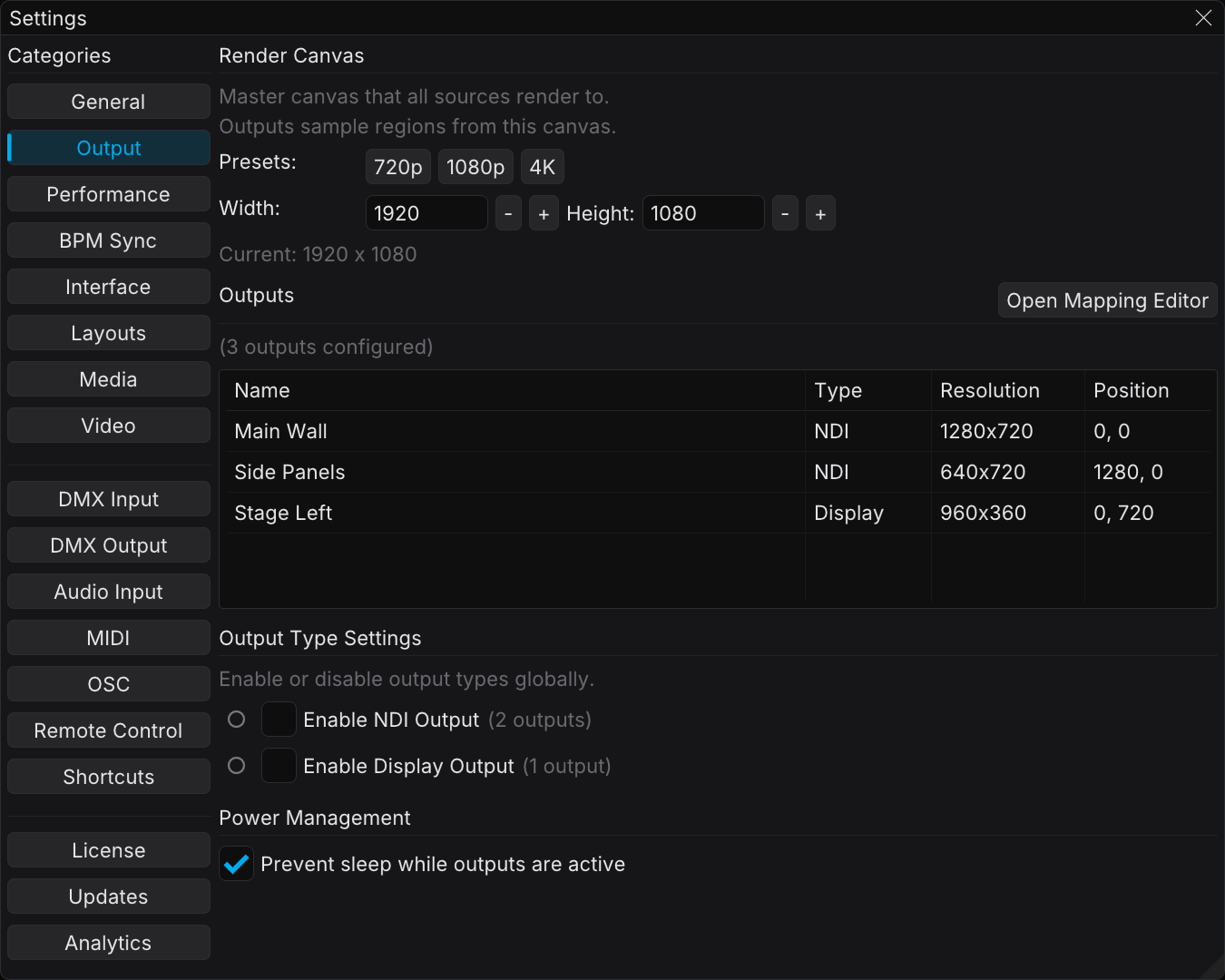 The Output category of Settings, with the per-type toggles and the sleep setting