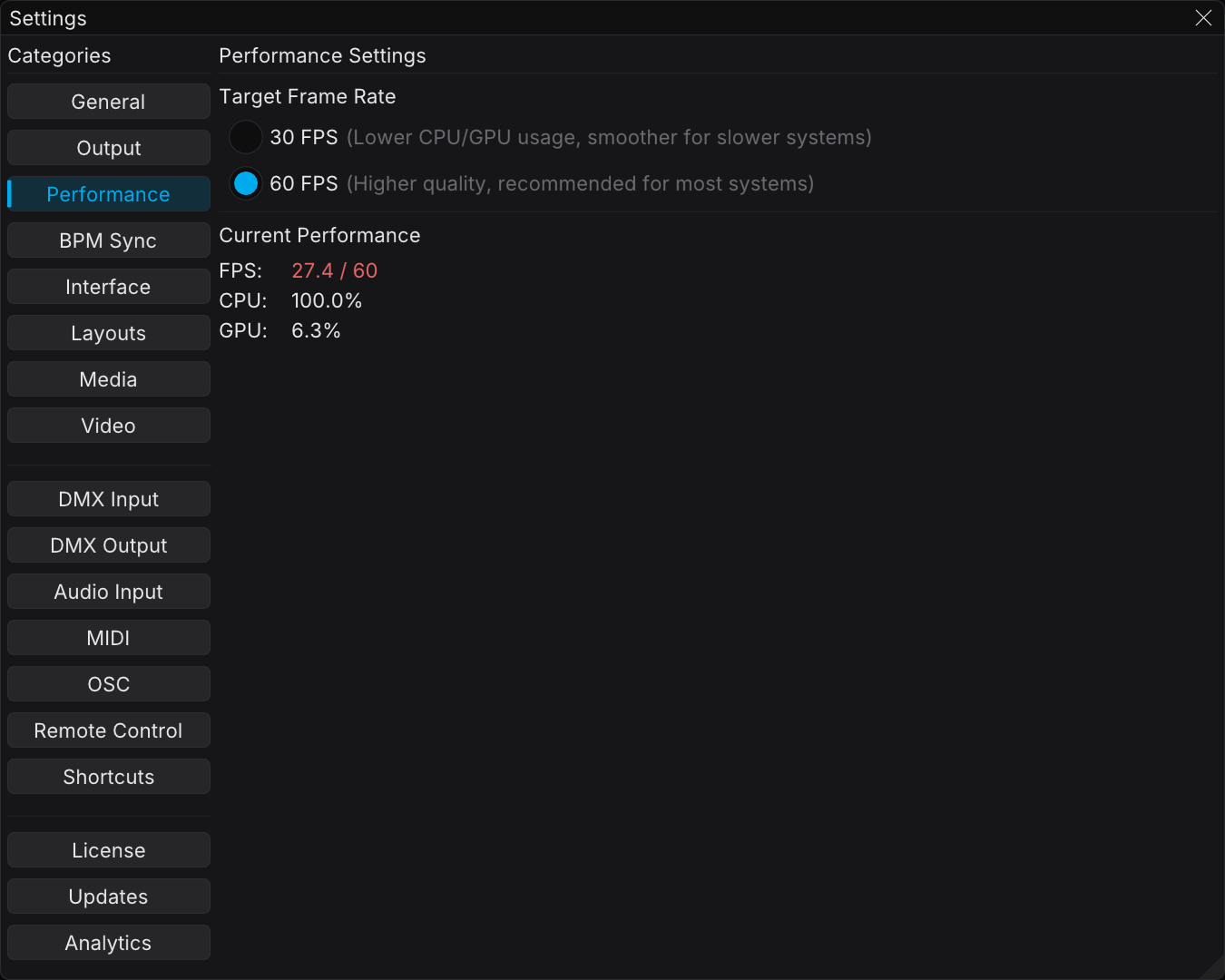 The Performance category of Settings, with the target frame-rate radio buttons and the Current Performance read-out