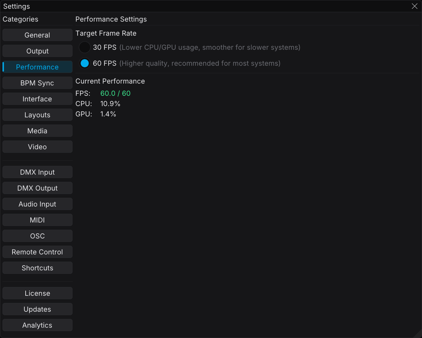 The Performance category of Settings, with the target frame-rate radio buttons and the Current Performance read-out
