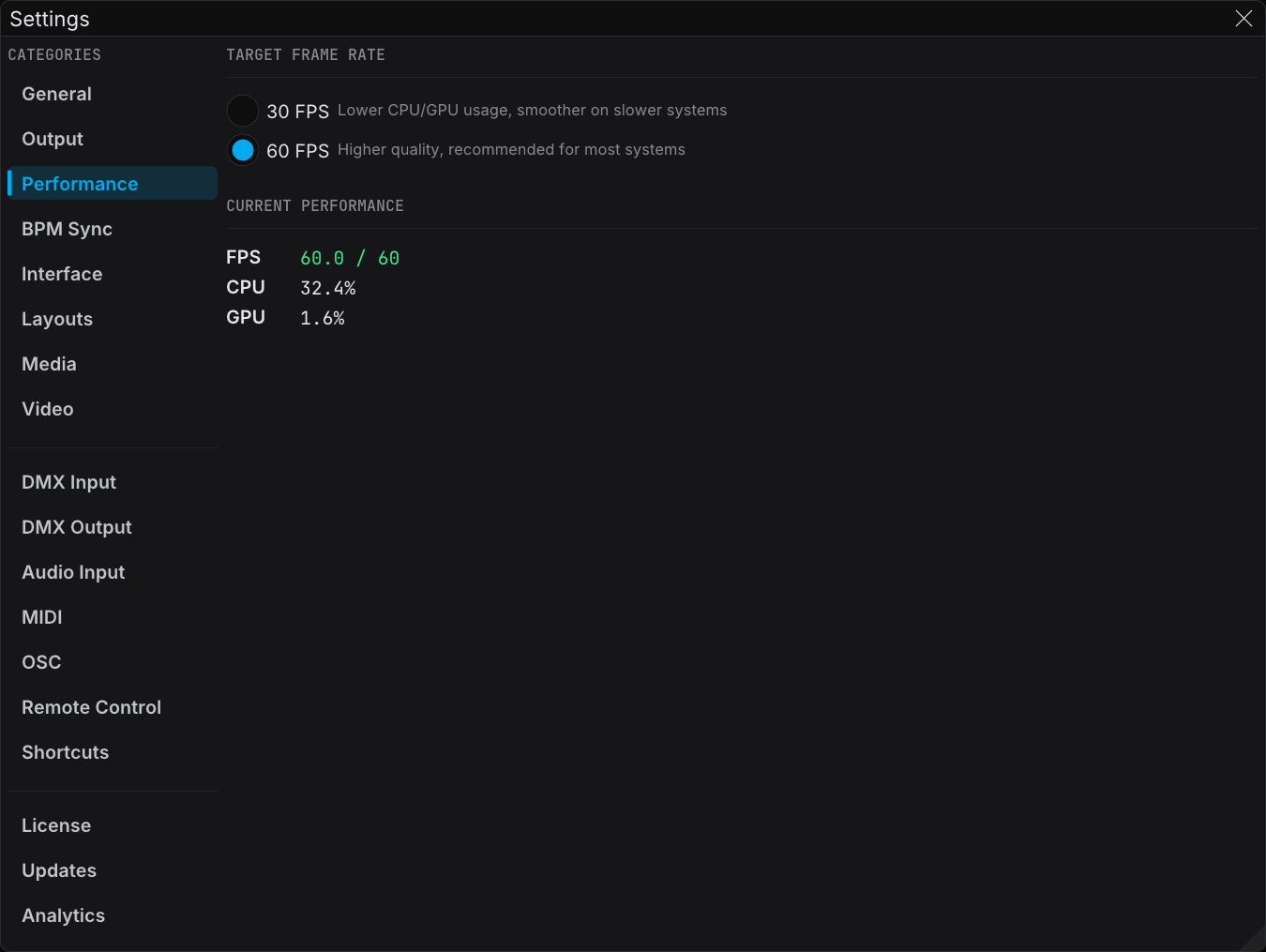The Performance category of Settings, with the target frame-rate radio buttons and the Current Performance read-out