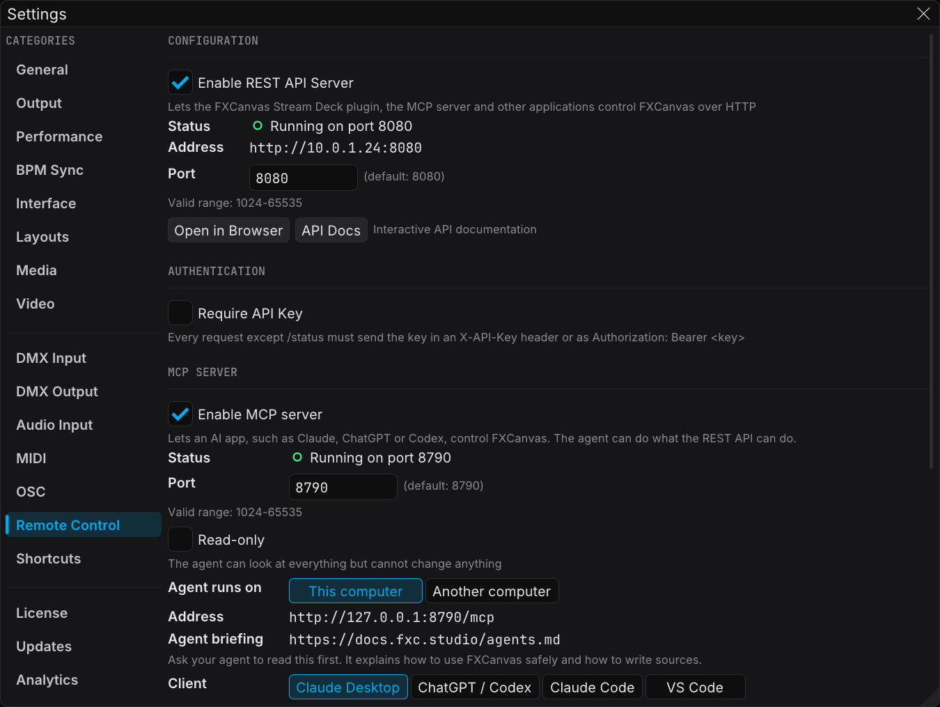 Remote Control settings with the REST API server settings
