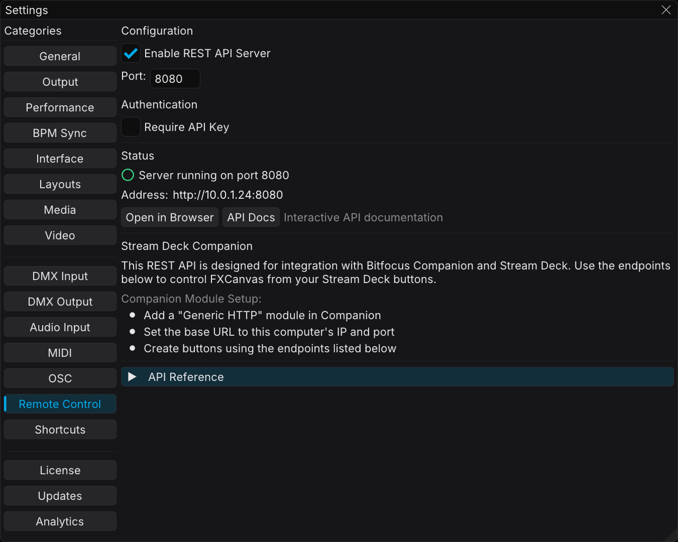 Remote Control settings with the REST API server settings