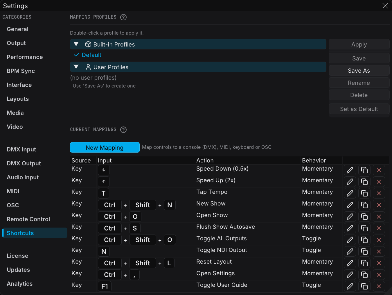 Shortcuts settings with the mapping profiles and the current key bindings