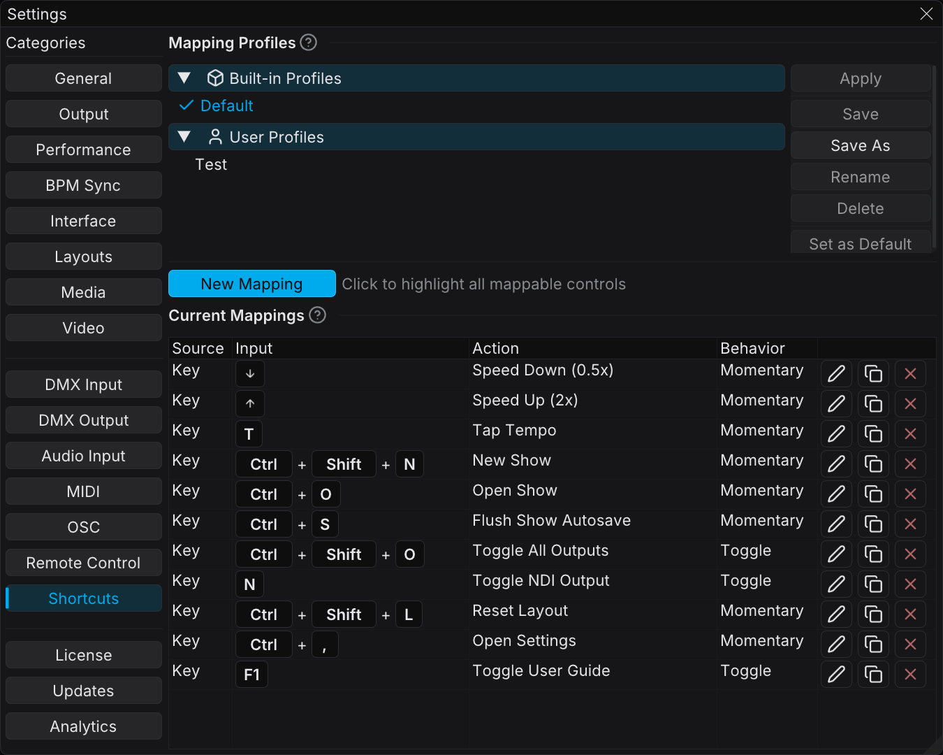 Shortcuts settings with the mapping profiles and the current key bindings