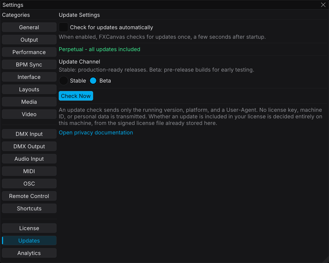 The Updates category of Settings, with the automatic-check toggle, the channel selector, and the Check Now button