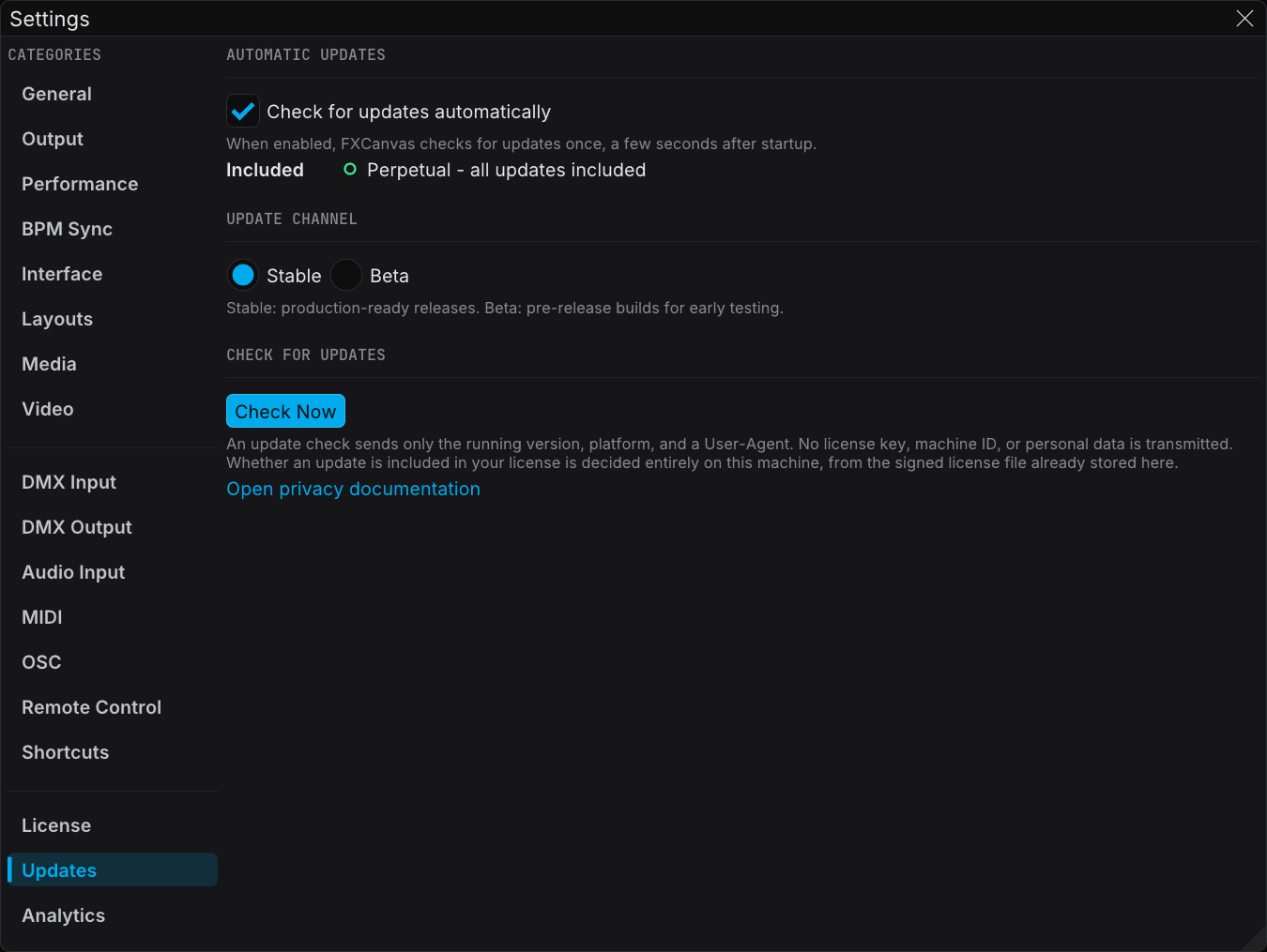 The Updates category of Settings, with the automatic-check toggle, the channel selector, and the Check Now button