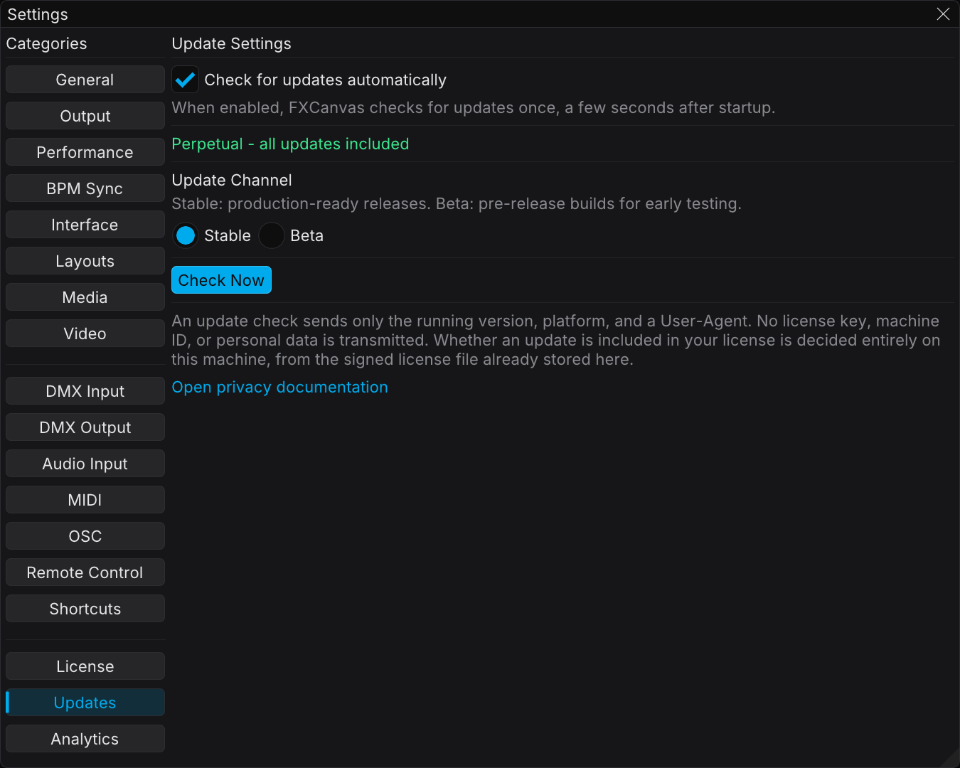 The Updates category of Settings, with the automatic-check toggle, the channel selector, and the Check Now button