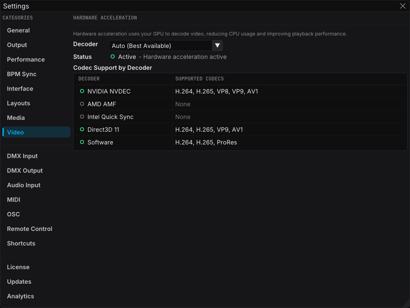 Video settings tab with the live video devices and the hardware decoder selection