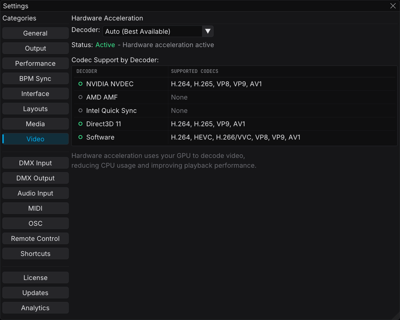 Video settings tab with the live video devices and the hardware decoder selection